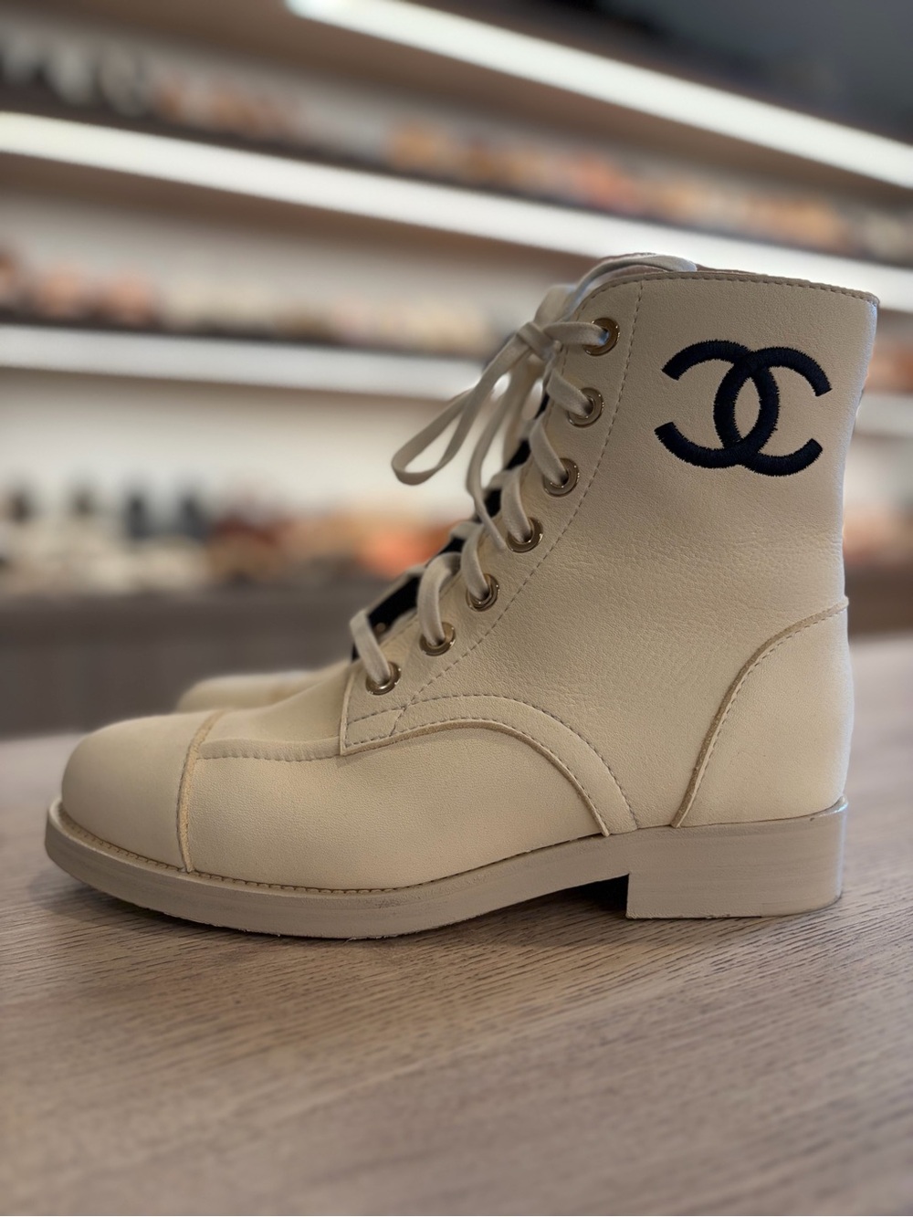 CHANEL Cream Leather Lace-Up Combat Boots with Navy CC - Picture 4 of 8